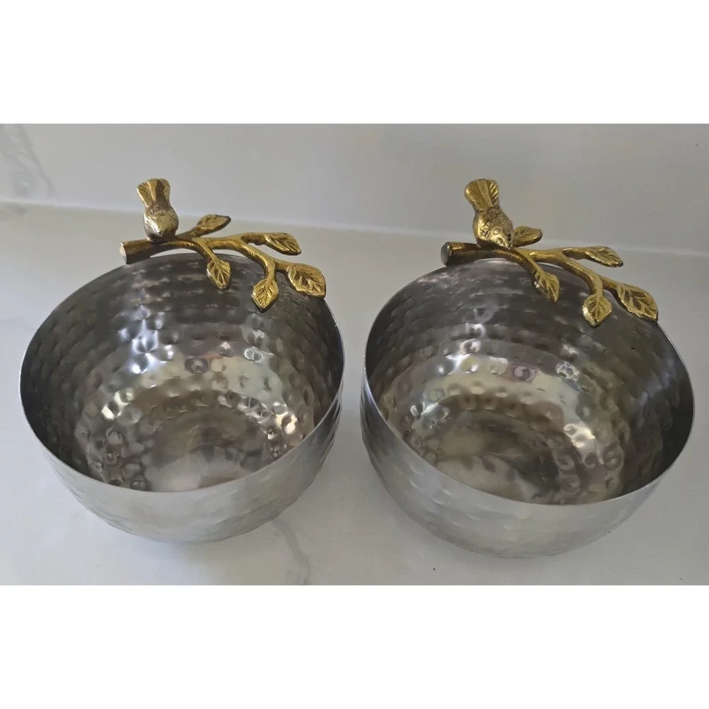 Hammered Metal Silver Brass Birds Bowls Set Of Two‎